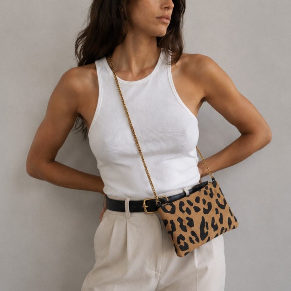 Clare V. Alix Crossbody Bag Womens Brown Animal Print Suede Zip Chain Logo